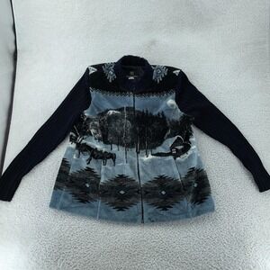 Alpine Studio Winter Scenic Fleece Jacket‎ Womens XL Nature Zip Up Horses Cabin